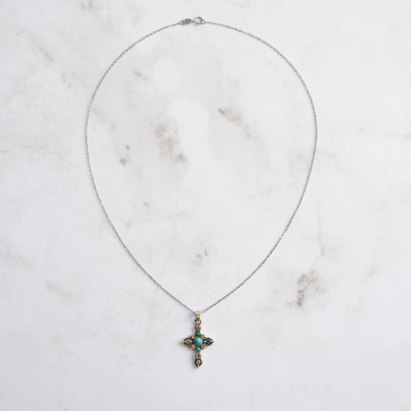 Wholesale Necklace Turquoise S925 Sterling Silver Geometric Cross Pendant Retro Ancient Roman Style Electroplated For Women