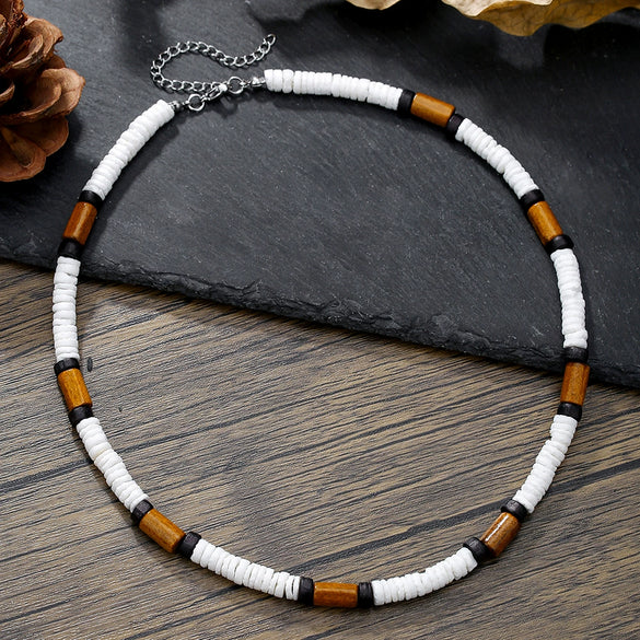Wholesale Necklace Wood Chip Coconut Shell Splicing Handmade Geometric Style Unisex Stainless Steel O Chain