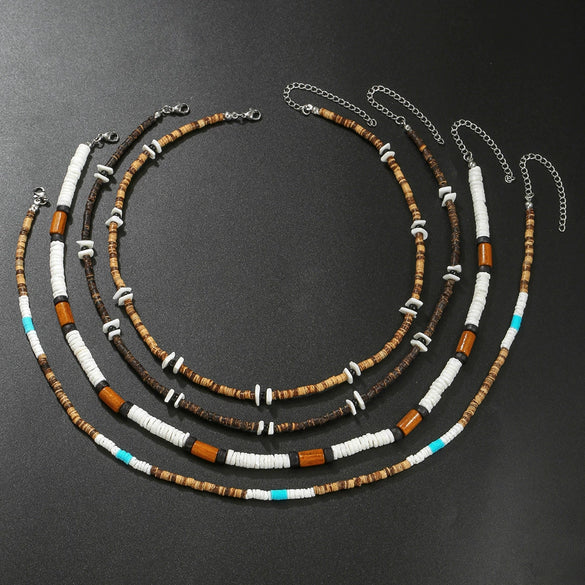 Wholesale Necklace Wood Chip Coconut Shell Splicing Handmade Geometric Style Unisex Stainless Steel O Chain