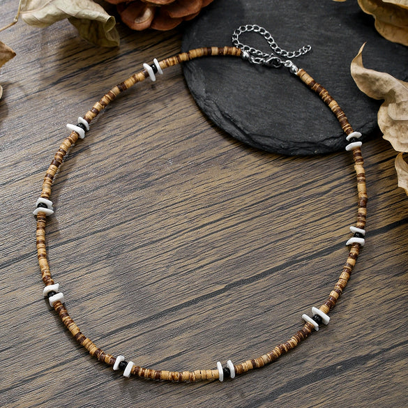 Wholesale Necklace Wood Chip Coconut Shell Splicing Handmade Geometric Style Unisex Stainless Steel O Chain