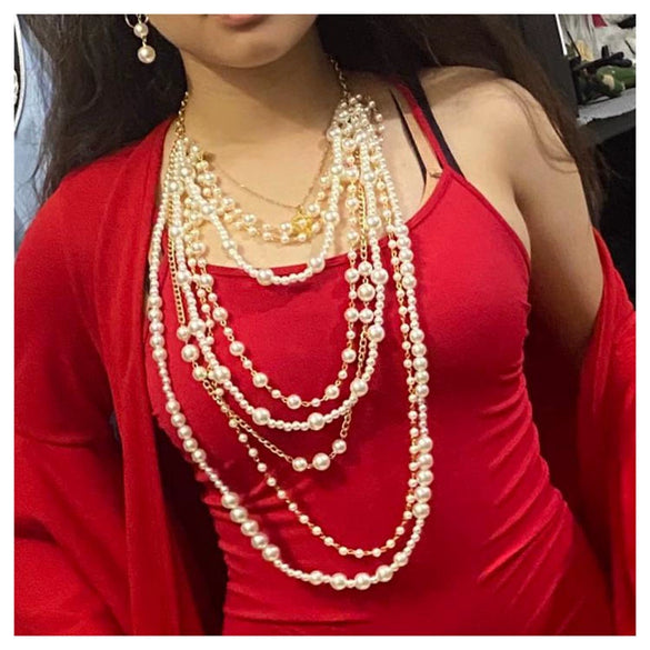 Wholesale Necklaces Imitation Pearl Multilayered Geometric Snake Chain Pearlescent Treatment Women's