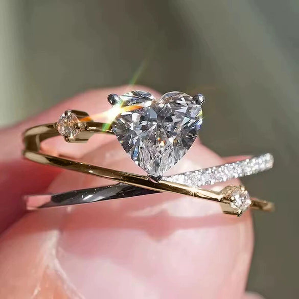 Wholesale New Fairy Style Sweet And Elegant Copper Ring With Heart And Geometric Patterns And Zircon Design For Women