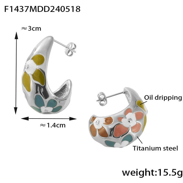 Wholesale New Retro Geometric Plant Flower Pattern Titanium Steel Drop Oil Earrings With Electroplating