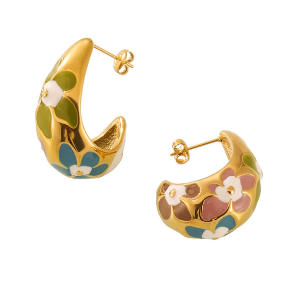 Wholesale New Retro Geometric Plant Flower Pattern Titanium Steel Drop Oil Earrings With Electroplating