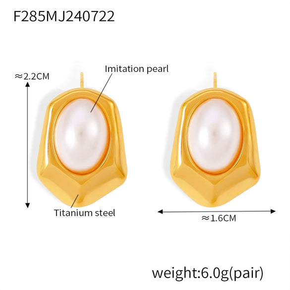 Wholesale Niche Geometric Hexagonal Imitation Pearl Titanium Steel 18K Gold Plated Earrings For Women