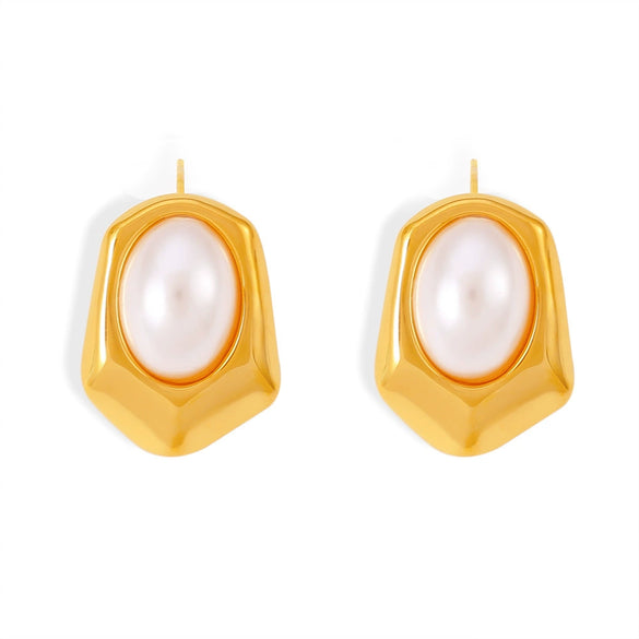 Wholesale Niche Geometric Hexagonal Imitation Pearl Titanium Steel 18K Gold Plated Earrings For Women
