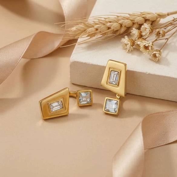 Wholesale Niche Highend Geometric Electroplated Stainless Steel Earrings With Irregular Trapezoidal And Square Zircon