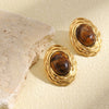 Wholesale Niche Retro Light Luxury Stainless Steel 18K Gold Plated Geometric And Oval Pattern Tiger Eye Stone Stud Earrings For Women