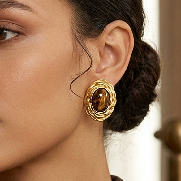 Wholesale Niche Retro Light Luxury Stainless Steel 18K Gold Plated Geometric And Oval Pattern Tiger Eye Stone Stud Earrings For Women