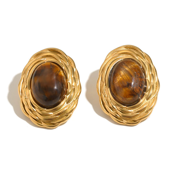 Wholesale Niche Retro Light Luxury Stainless Steel 18K Gold Plated Geometric And Oval Pattern Tiger Eye Stone Stud Earrings For Women