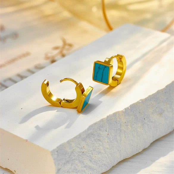 Wholesale Niche Retro Simple Advanced Versatile Square Geometric Turquoise Titanium Steel Women's Earrings With Electroplating