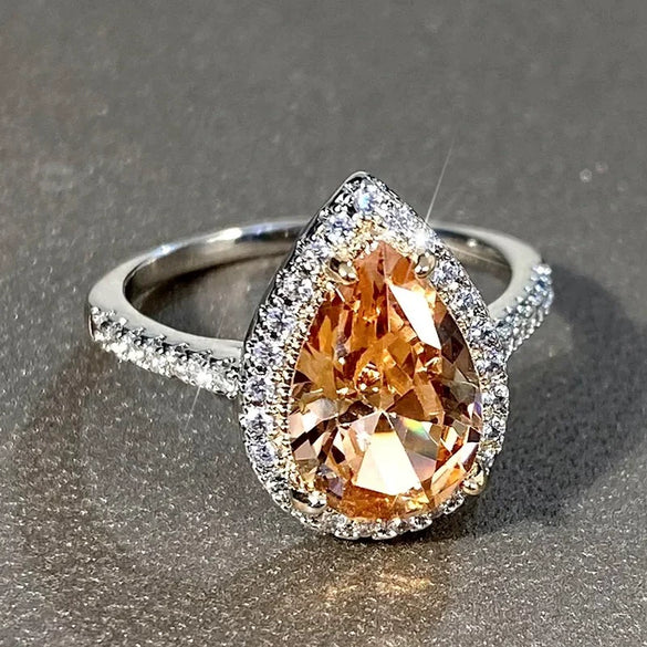 Wholesale Niche Simple Light Luxury Yellow Fashion Jewelry Copper Zircon Microinlaid Water Drop Ring