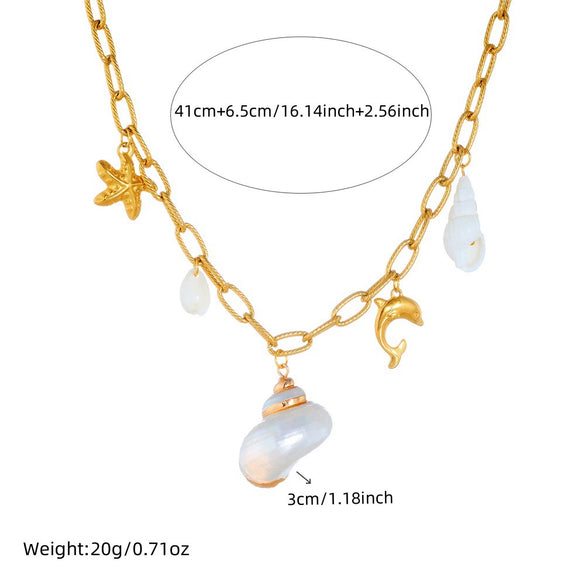 Wholesale Niche Style Animal Inspired Stainless Steel Gold Plated Necklace With Pearl Conch Starfish Dolphin Turtle Elements