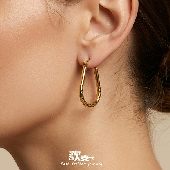 Wholesale Niche Style Geometric Ushaped Embossed Stainless Steel 18K Gold Plated Earrings For Women