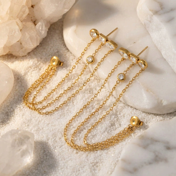 Wholesale Niche Style 18K Gold Electroplated Butterfly Shape Threestone Tassel Earrings With Multiple Chain Dangles Made Of Titanium Steel And Stainless Steel