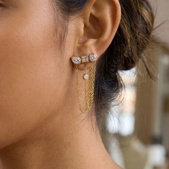 Wholesale Niche Style 18K Gold Electroplated Butterfly Shape Threestone Tassel Earrings With Multiple Chain Dangles Made Of Titanium Steel And Stainless Steel