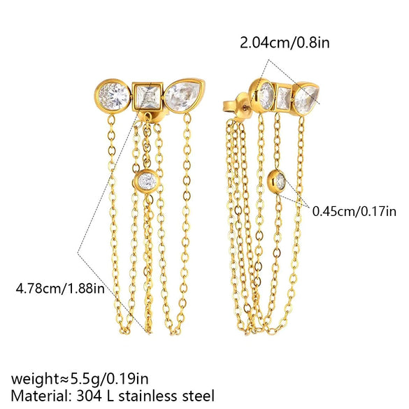 Wholesale Niche Style 18K Gold Electroplated Butterfly Shape Threestone Tassel Earrings With Multiple Chain Dangles Made Of Titanium Steel And Stainless Steel
