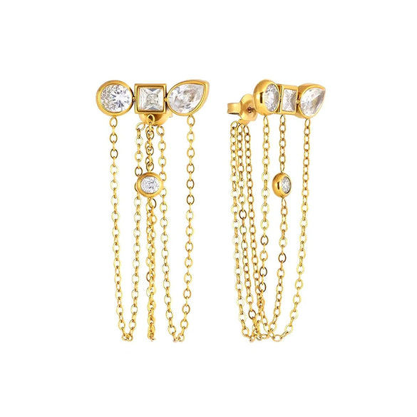 Wholesale Niche Style 18K Gold Electroplated Butterfly Shape Threestone Tassel Earrings With Multiple Chain Dangles Made Of Titanium Steel And Stainless Steel