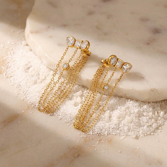 Wholesale Niche Style 18K Gold Electroplated Butterfly Shape Threestone Tassel Earrings With Multiple Chain Dangles Made Of Titanium Steel And Stainless Steel