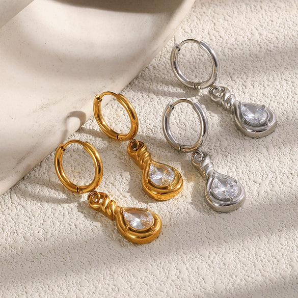 Wholesale Niche Style 18K Gold Plated Stainless Steel Water Dropshaped Zircon Earrings For Women
