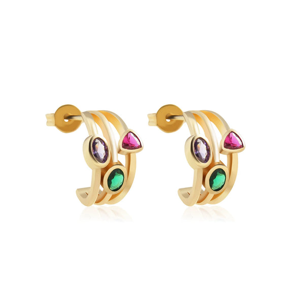Wholesale Niche Stylish Luxury Retro Geometric Faceted Colorful Zircon Inlaid Copper Goldplated Women's Earrings