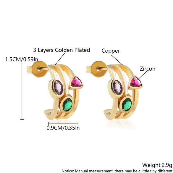 Wholesale Niche Stylish Luxury Retro Geometric Faceted Colorful Zircon Inlaid Copper Goldplated Women's Earrings