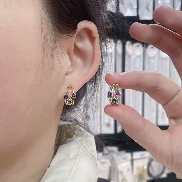 Wholesale Niche Stylish Luxury Retro Geometric Faceted Colorful Zircon Inlaid Copper Goldplated Women's Earrings