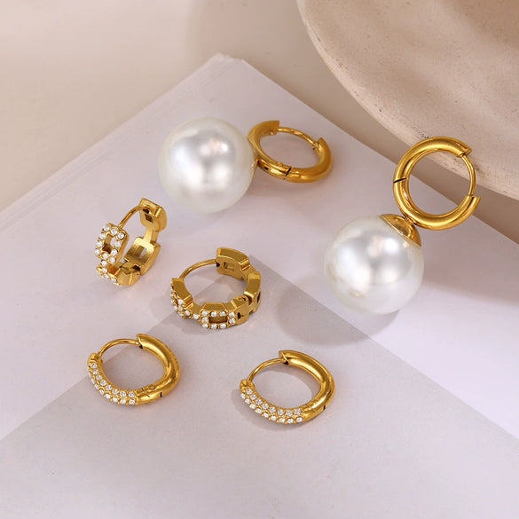 Wholesale Niche Temperament Zircon Beaded Earrings With Stainless Steel 18K Real Gold Electroplated Ear Buckle Geometric Style