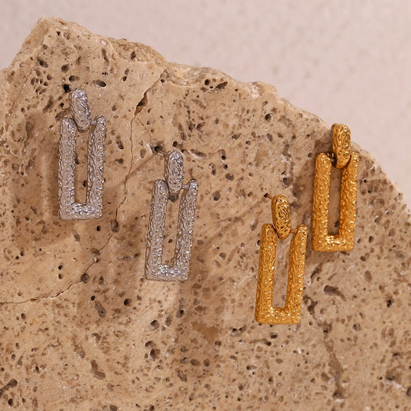 Wholesale Niche Women's Stainless Steel Hammered Geometric Movable Long Rectangular Earrings 18K Plated