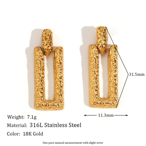 Wholesale Niche Women's Stainless Steel Hammered Geometric Movable Long Rectangular Earrings 18K Plated