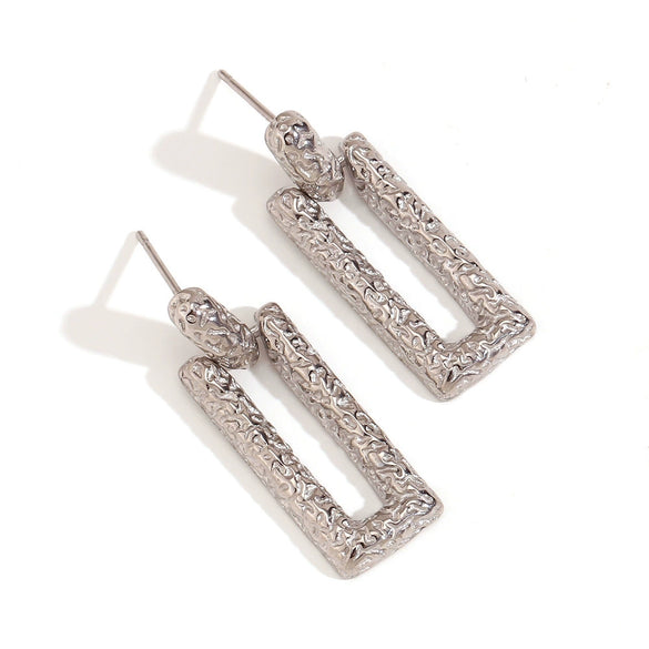 Wholesale Niche Women's Stainless Steel Hammered Geometric Movable Long Rectangular Earrings 18K Plated