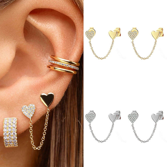 Wholesale Nonearhole Double Earrings Copper Plated With Real Gold Microinlaid Zircon Heart And Geometric Style For Women