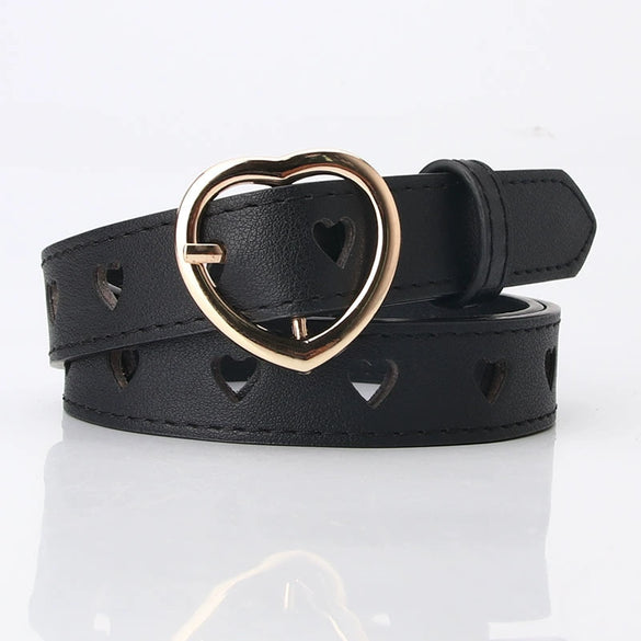 Wholesale Nonperforated Love Hollow Decorative Belt For Women Made Of Imitation Leather With Alloy Buckle