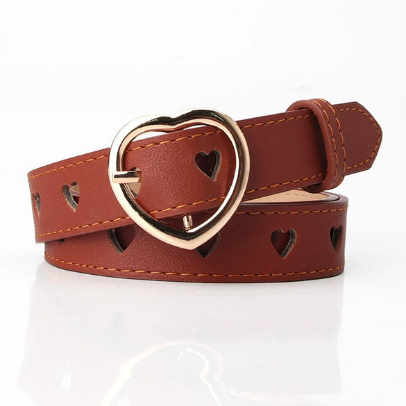 Wholesale Nonperforated Love Hollow Decorative Belt For Women Made Of Imitation Leather With Alloy Buckle