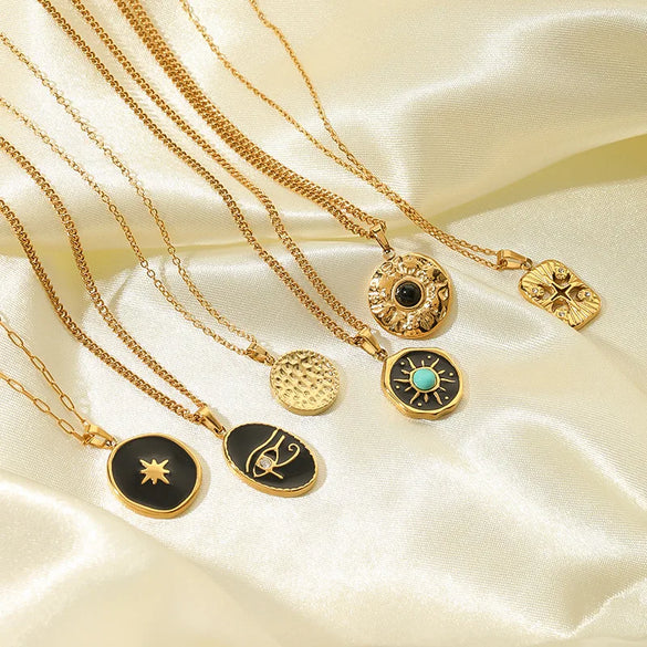 Wholesale Jewelry Nordic Style Vintage Style Devil'S Eye 201 Stainless Steel Natural Stone 18K Gold Plated Epoxy Plating Inlay Pendant Necklace