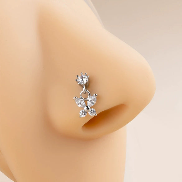 Wholesale Nose Accessories Stainless Steel Butterfly Puncture Nose Stud With Zircon Pendant Electroplated For Women
