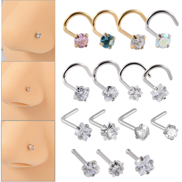 Wholesale Nose Ring Stainless Steel Zircon Clawshaped Fivestar Heart Sshaped Lshaped Straight Rod Electroplated