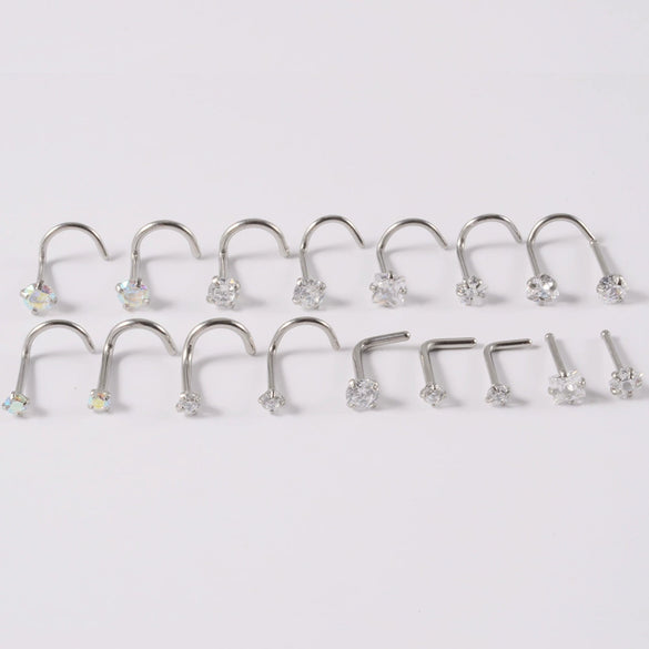 Wholesale Nose Ring Stainless Steel Zircon Clawshaped Fivestar Heart Sshaped Lshaped Straight Rod Electroplated