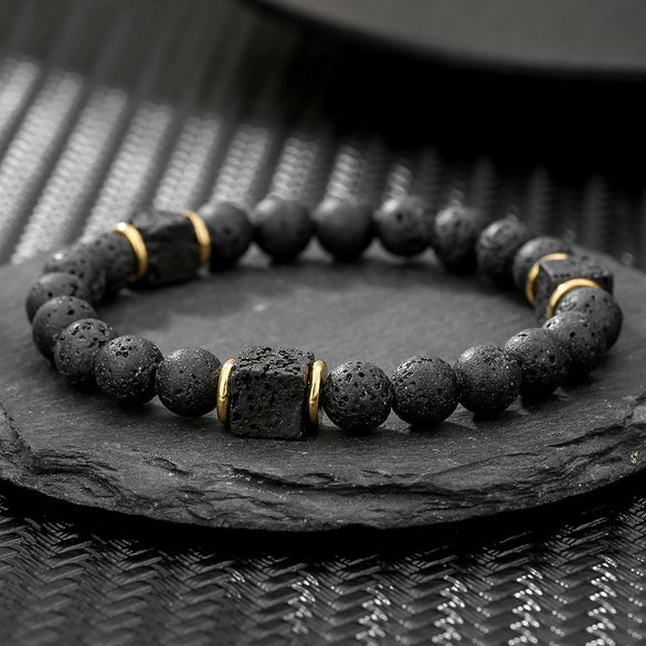 Wholesale Obsidian Beaded Bracelet Handmade Geometric Style Volcanic Stone Unisex