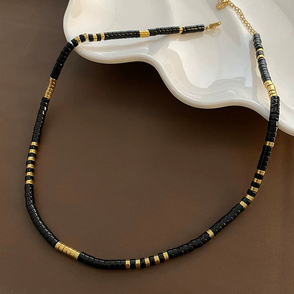 Wholesale Obsidian Titanium Steel Necklace Vintage Geometric Style Electroplated Ball Chain For Women