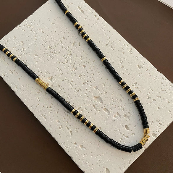 Wholesale Obsidian Titanium Steel Necklace Vintage Geometric Style Electroplated Ball Chain For Women
