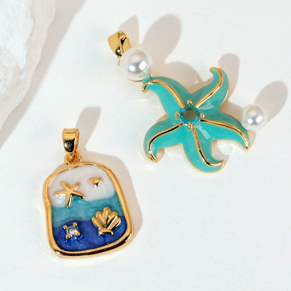 Wholesale Ocean Series Copper Jewelry With Starfish Octopus Animal Zodiac Wave Pattern And Oil Dripping Design For Women