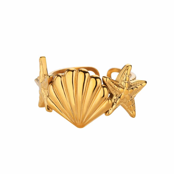 Wholesale Ocean Series Stainless Steel Starfish Shell Ring Jewelry With Electroplating