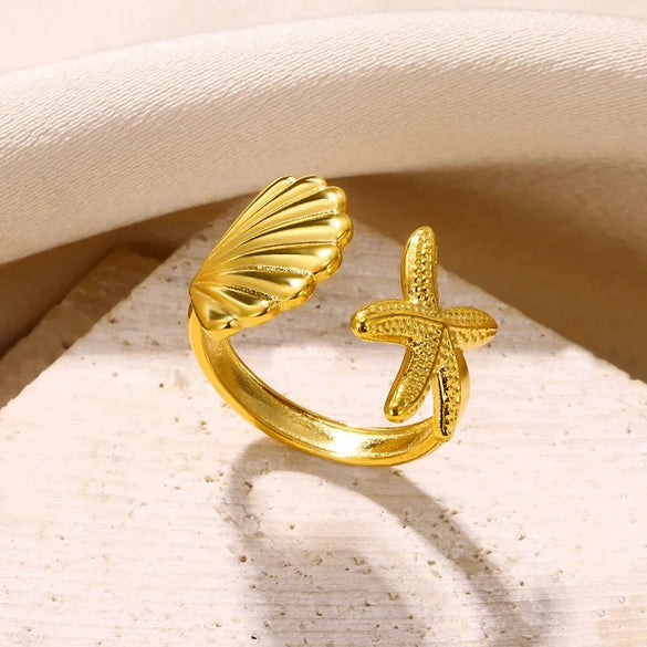 Wholesale Ocean Series Stainless Steel Starfish Shell Ring Jewelry With Electroplating