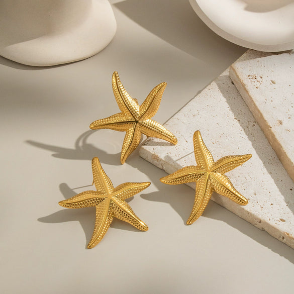 Wholesale Ocean Style Starfish Women's Jewelry Accessories Earrings And Ring In Stainless Steel With Geometric Shape And Electroplating Design
