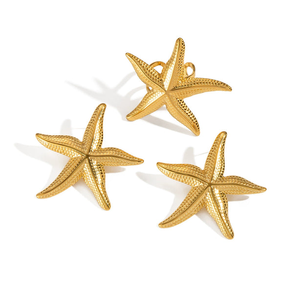 Wholesale Ocean Style Starfish Women's Jewelry Accessories Earrings And Ring In Stainless Steel With Geometric Shape And Electroplating Design