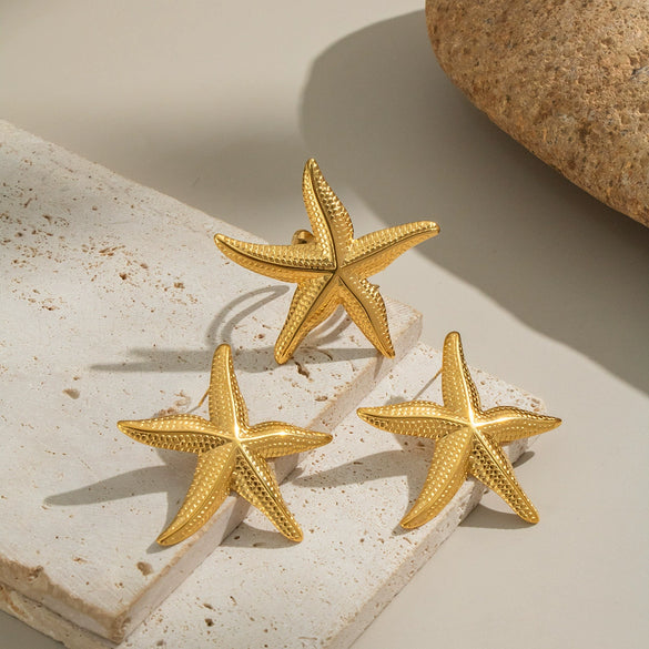 Wholesale Ocean Style Starfish Women's Jewelry Accessories Earrings And Ring In Stainless Steel With Geometric Shape And Electroplating Design