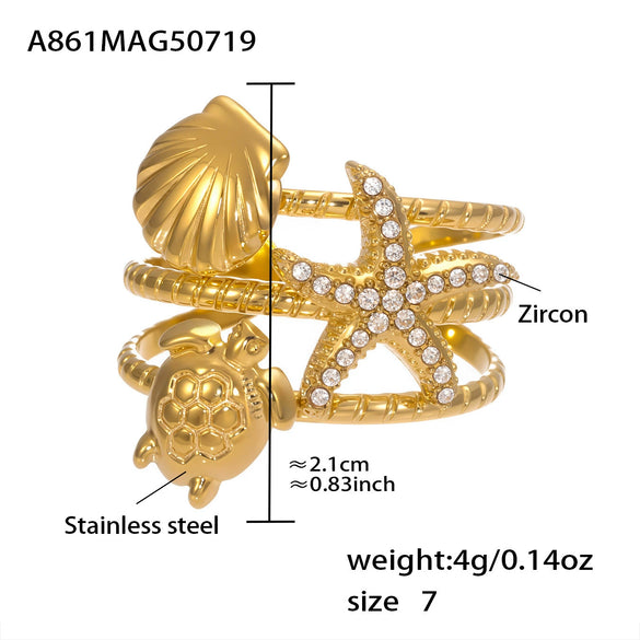 Wholesale Ocean Style Zircon Ring 316L Stainless Steel Star Starfish Octopus Jewelry