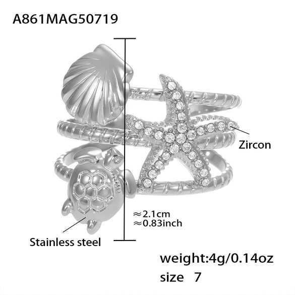Wholesale Ocean Style Zircon Ring 316L Stainless Steel Star Starfish Octopus Jewelry