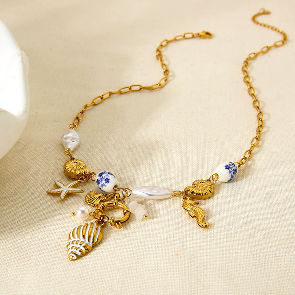 Wholesale Ocean Themed Ins Style Ceramic Conch And Starfish Stainless Steel Pendant Necklace Electroplated With 18K Gold For Women